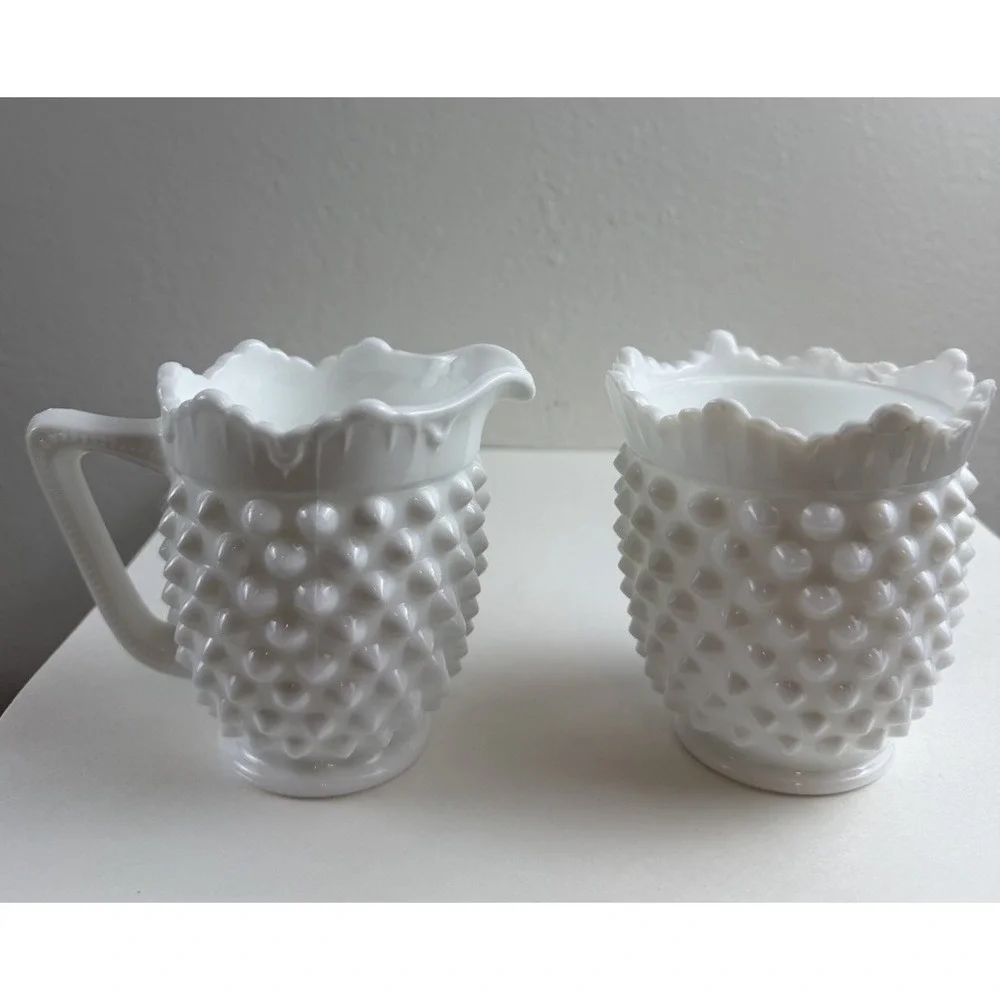 Vintage Fenton English Hobnail Milk Glass Creamer & Sugar Set White Ruffled Edge